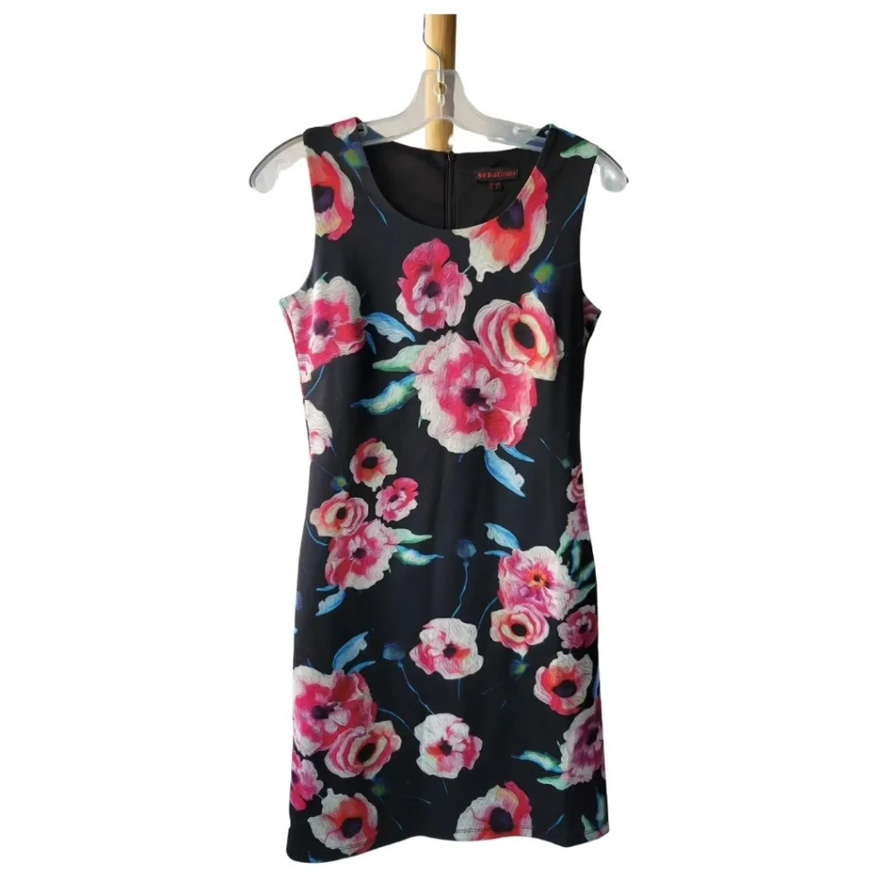 Superstition Black Dress Pink Red White Flowers Sleeveless Zipper Back  UK 10